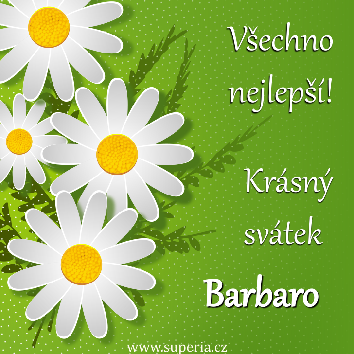 Barbara (4. prosinec), pn, gratulace, pn k svtku, jmeninm ke staen na email, mms. Baruna, Baru, Barka, Barborka, Barbara, Beruka, Baruka, Bra, Bora, Bara, Baru, Berunka, Barb, Barunka