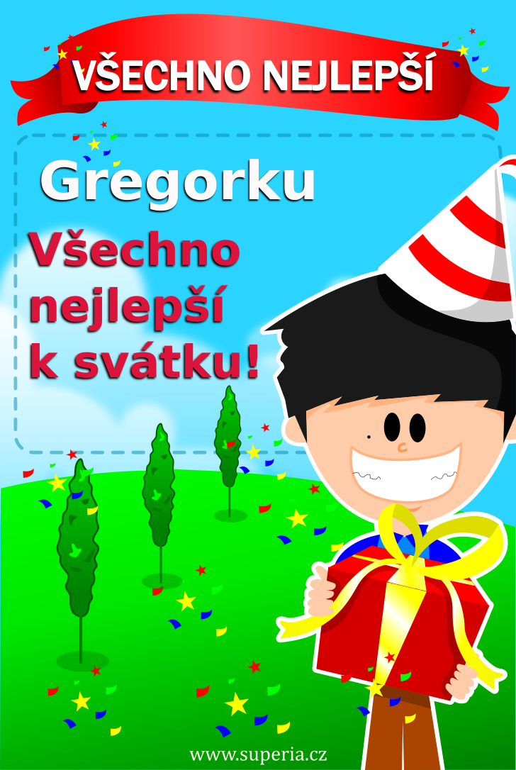 Gregor (12. březen), dětské obrázkové přání k svátku zdarma ke stažení, obrázek, přáníčka k jmeninám pro děti. Grzeszek, Gregorek, Greg, Greggo, Gergi